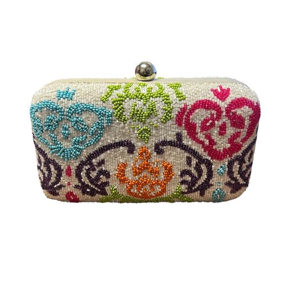 Moyna White Multicolor Printed Beaded Box Clutch / Crossbody Evening Bag - Picture 3 of 8